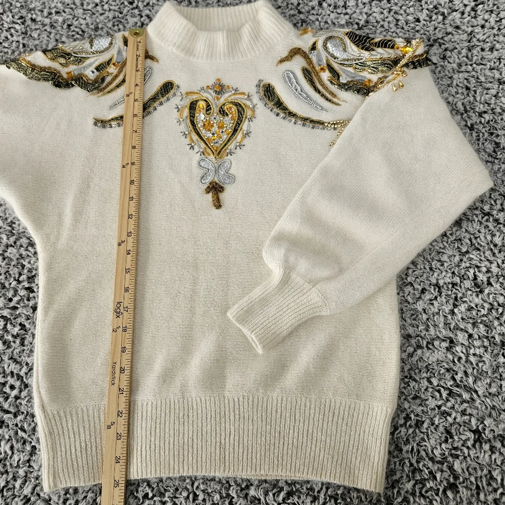 Vintage Cedars Angora Silk Wool Sweater Small Embellished 80s 90s Off White Gold - Picture 13 of 14